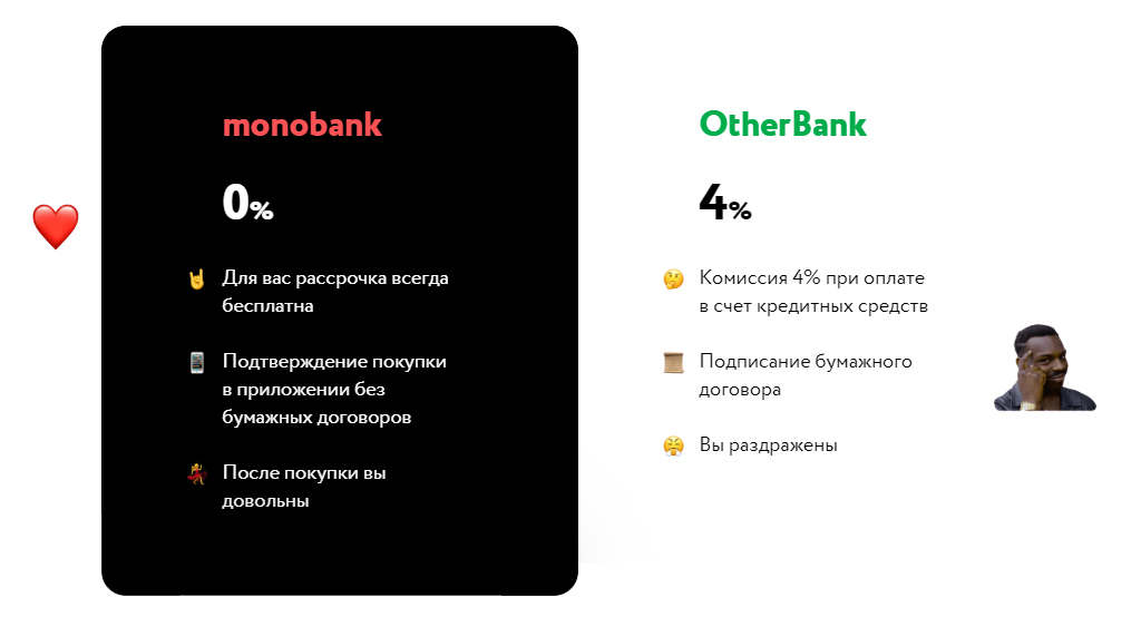 Изображение сравнение условий рассрочки от monobank с другим банком